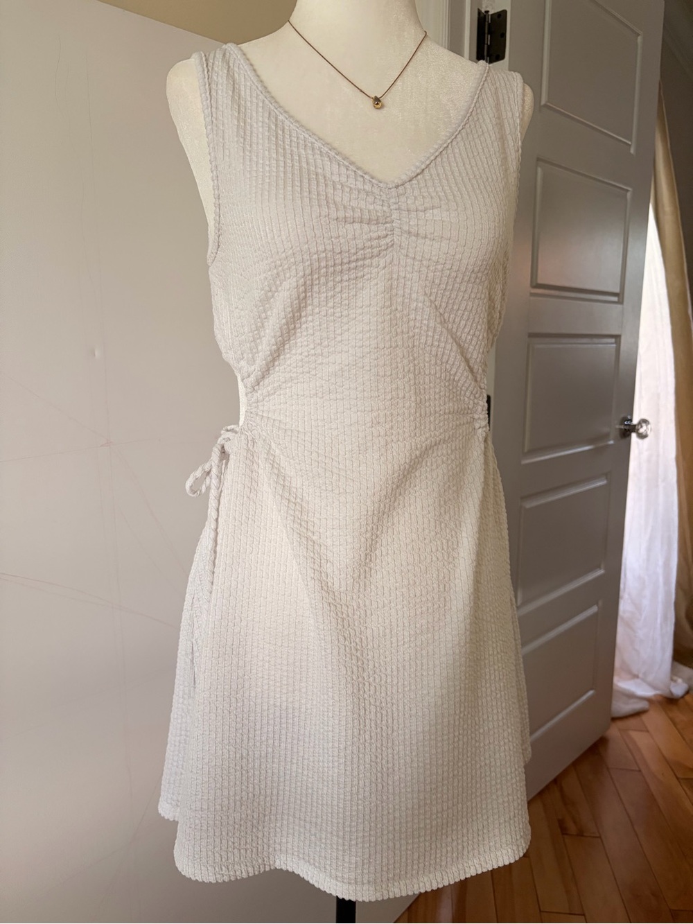 Textured White Tied-Waist Cutout Dress